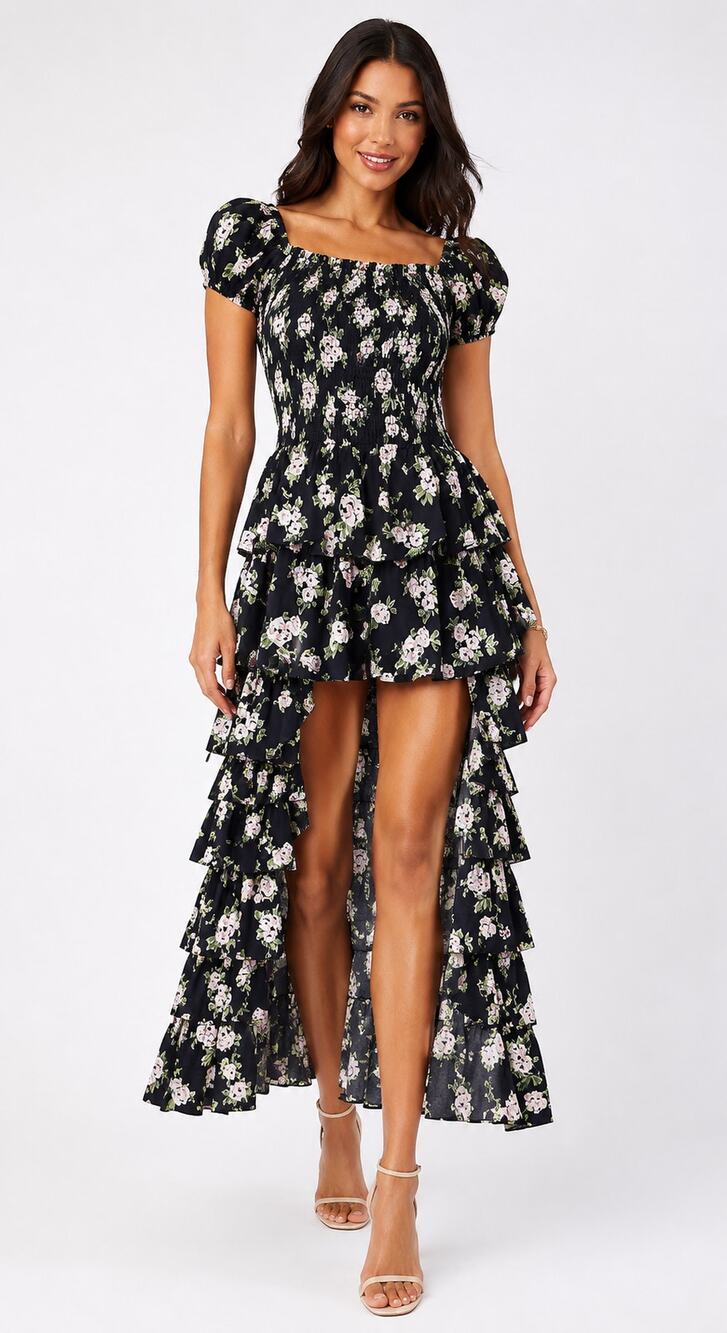 Dance & Marvel Tiered Maxi Dress Gown Navy Retro Floral Womens Size Small New